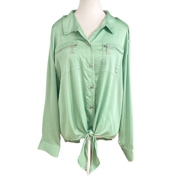 KARL LAGERFELD PASTEL GREEN SATIN TIE-FRONT ZIPPED POCKETS LONG SLEEVE SHIRT- XL - Picture 1 of 10